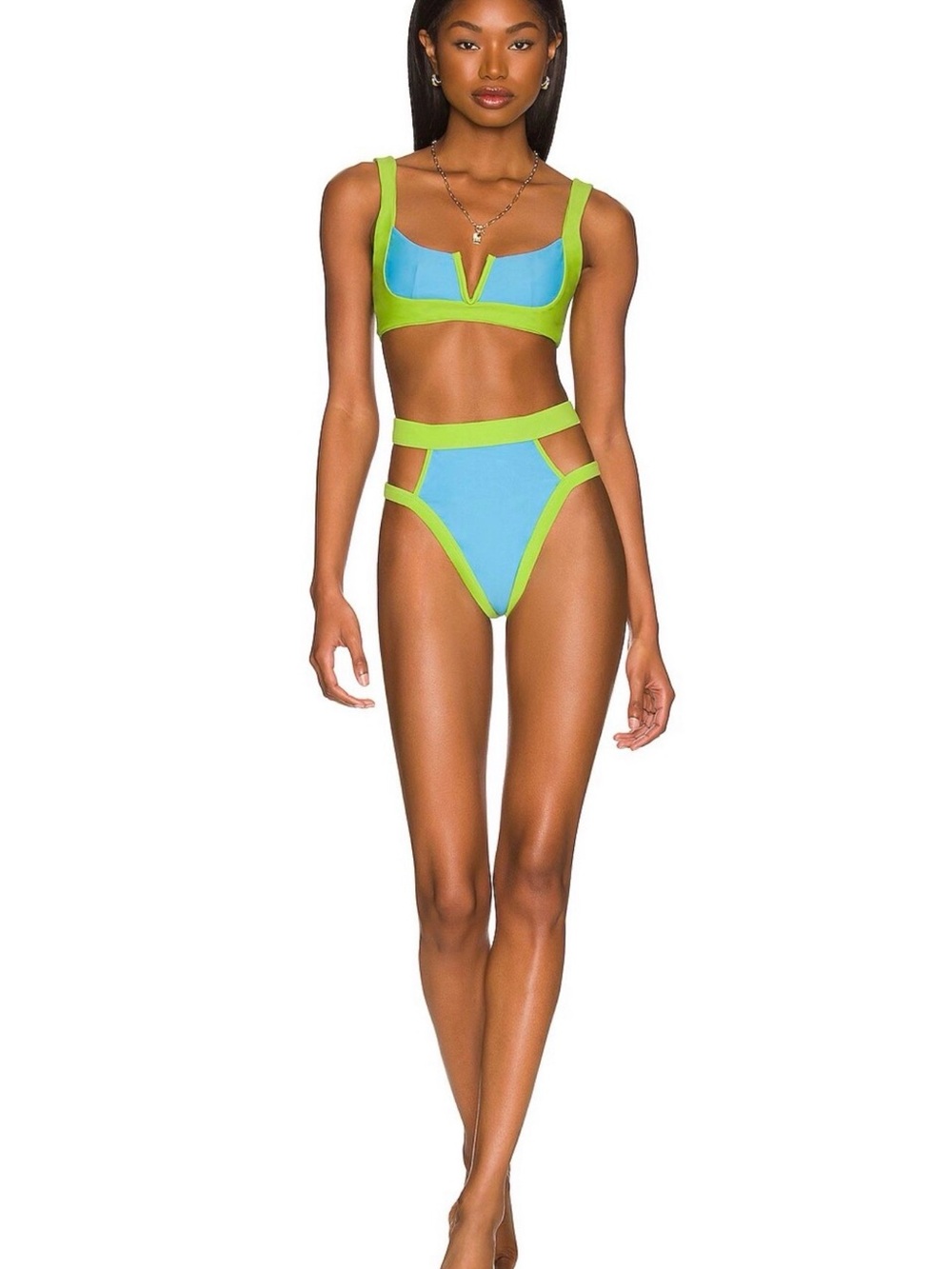 Lovers + Friends Womens Sky Blue Lime Two Piece Swim Suit, Top S, Bottom M